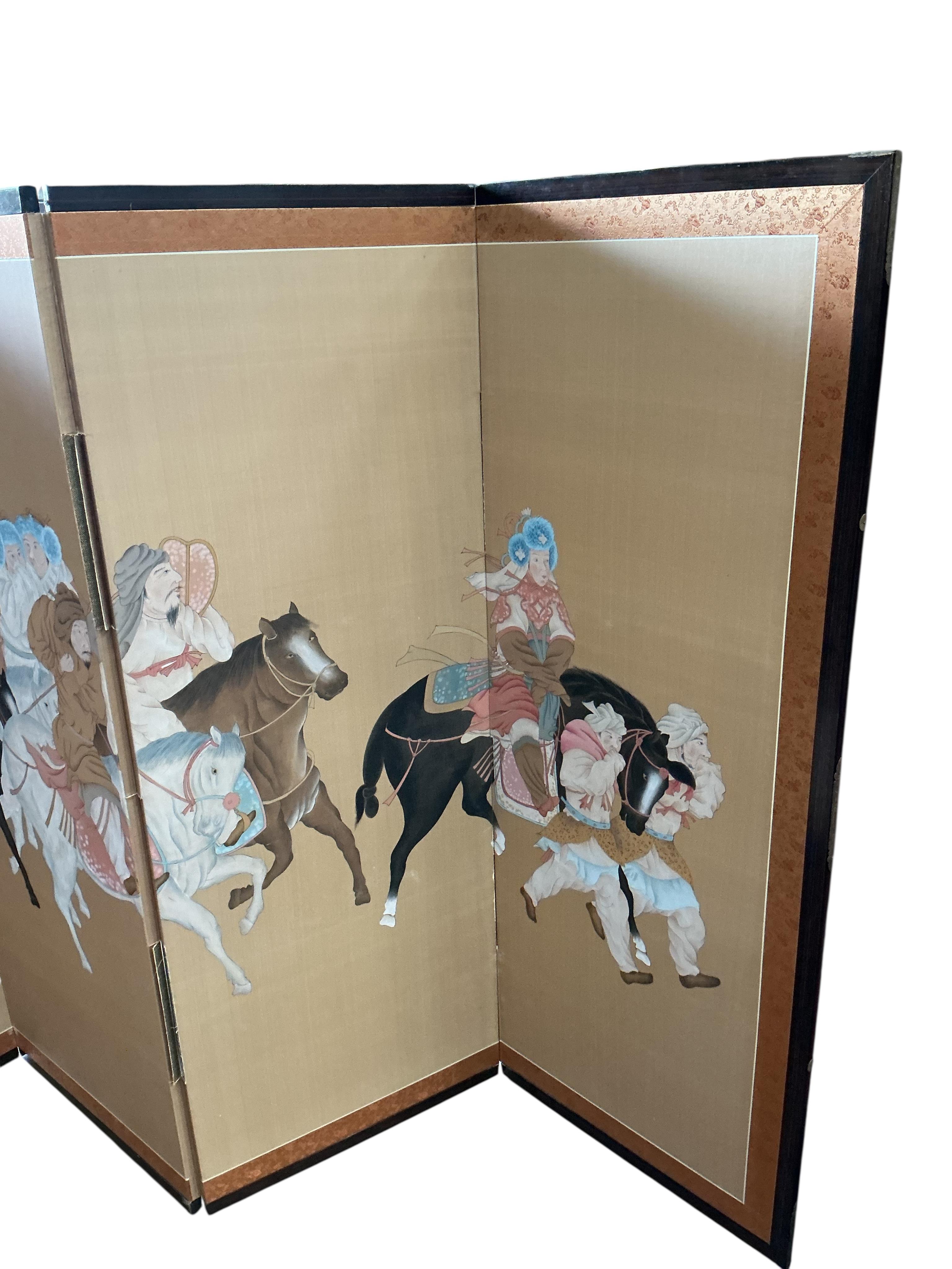 A Chinese four fold screen, each panel width 47cm, height 122cm